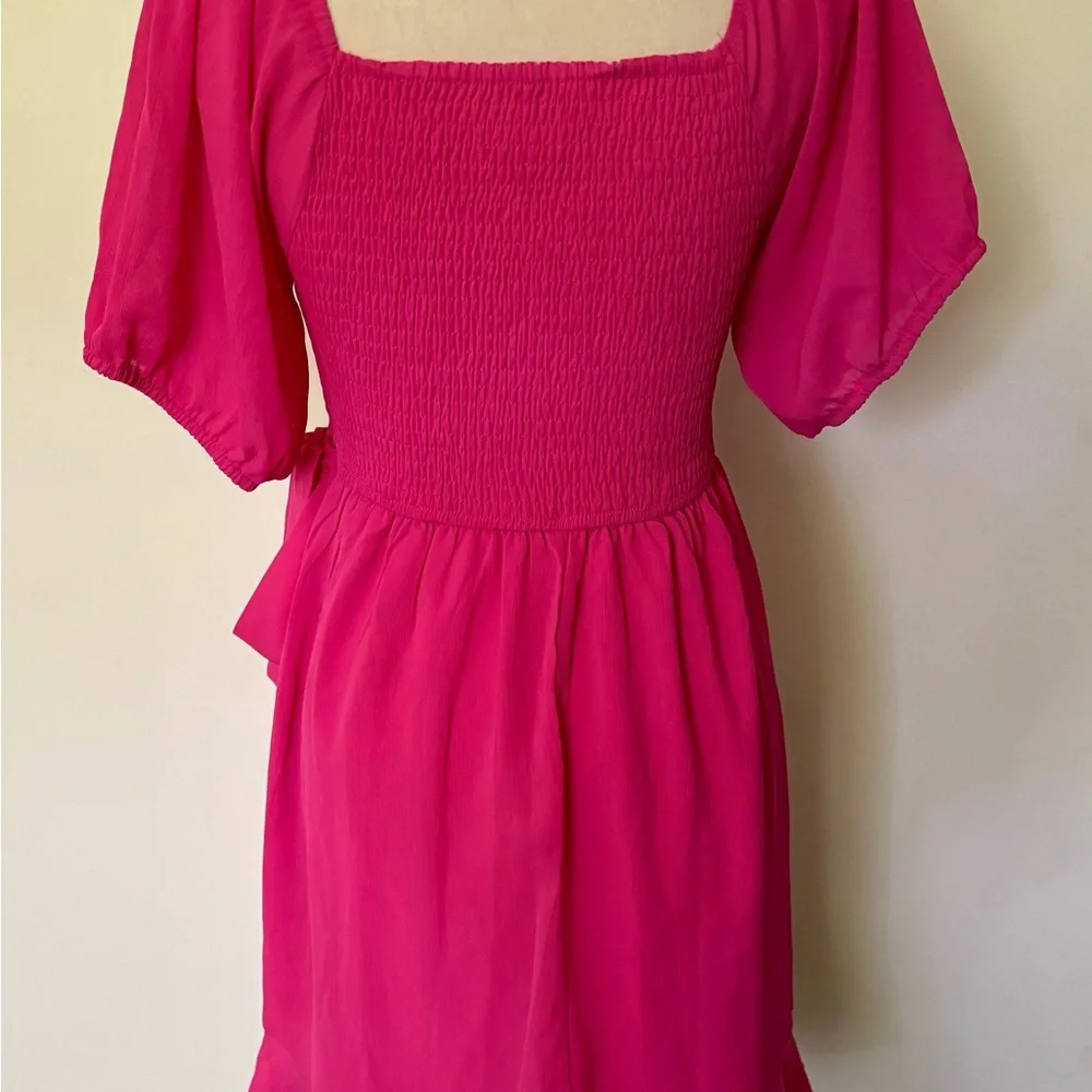 NWOT Kikibell Sz XS Hot Pink Fuchsia Faux Wrap Mini Dress w Bell Puff Sleeves - Picture 4 of 12